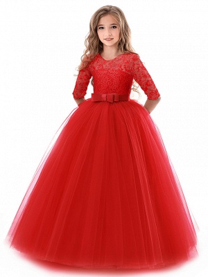 Princess Long Length Wedding / Party / Pageant Flower Girl Dresses - Lace / Tulle Half Sleeve Jewel Neck With Lace / Belt_2