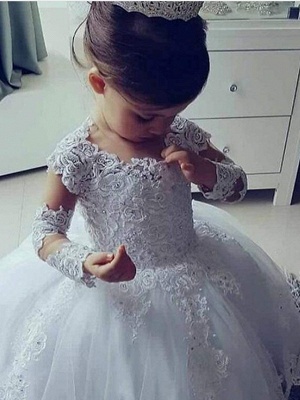 Ball Gown Floor Length Wedding Flower Girl Dresses - Lace Long Sleeve Jewel Neck With Appliques / Solid_2