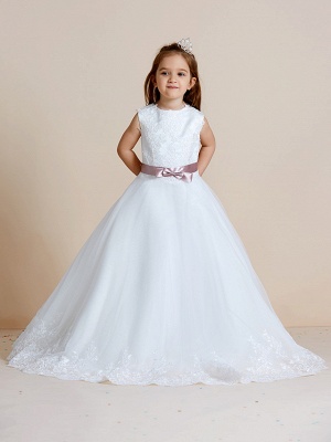 A-Line Floor Length Wedding / First Communion Flower Girl Dresses - Satin / Tulle Sleeveless Jewel Neck With Sash / Ribbon / Bow(S) / Appliques_5