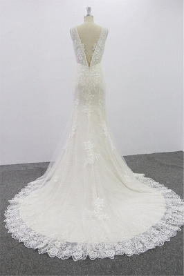 SD1957 Mermaid V-neck Floral Appliques Tulle Backless Wedding Dress_3