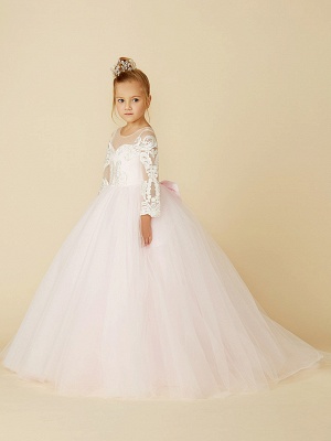 Ball Gown Court Train Wedding / Party / Pageant Flower Girl Dresses - Lace / Tulle Long Sleeve Illusion Neck With Bows / Bow(S) / Buttons_3