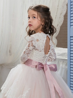 Ball Gown Sweep / Brush Train Wedding / Birthday / Pageant Flower Girl Dresses - Lace / Tulle / Cotton Long Sleeve Jewel Neck With Lace / Belt / Embroidery_4