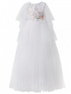 A-Line Floor Length Pageant Flower Girl Dresses - Tulle Short Sleeve Jewel Neck With Beading / Appliques / Crystals / Rhinestones_3