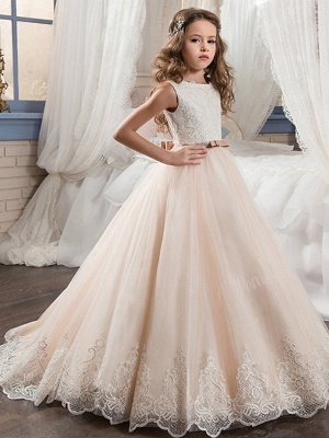 Ball Gown Maxi Wedding / Birthday / Pageant Flower Girl Dresses - Cotton / Nylon With A Hint Of Stretch / Chiffon / Tulle Sleeveless Jewel Neck With Bows / Lace / Embroidery_1