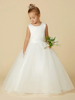 A-Line Floor Length Wedding / First Communion Flower Girl Dresses - Satin / Tulle Sleeveless Jewel Neck With Bow(S) / Buttons_7