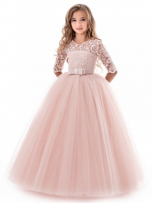 Princess Long Length Wedding / Party / Pageant Flower Girl Dresses - Lace / Tulle Half Sleeve Jewel Neck With Lace / Belt_18