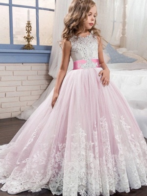 Princess / Ball Gown Court Train Wedding / Party Flower Girl Dresses - Tulle Sleeveless Jewel Neck With Bow(S) / Beading / Appliques_2