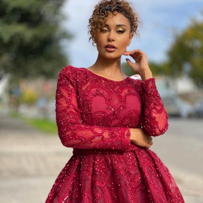 ZY473 Red Evening Dresses With Lace Prom Dresses Long Sleeves_3