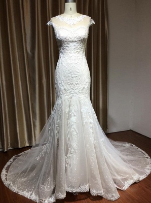 CPH234 Mermaid Lace Cap Sleeve Sheer Tulle Neckline Wedding Dress_2