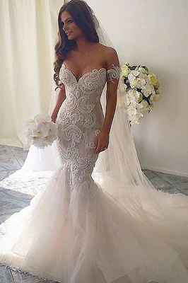 Sexy Sweetheart Sleeveless Mermaid Floor-Length Tulle Wedding Dresses with Lace_2