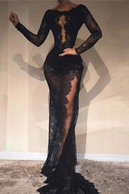 Black High Neck Lace Sexy Prom Dresses with Front Split_2
