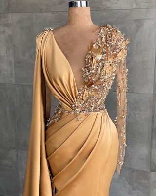 ZY562 Evening Dresses With Sleeves Gold Long Glitter Prom Dresses_2
