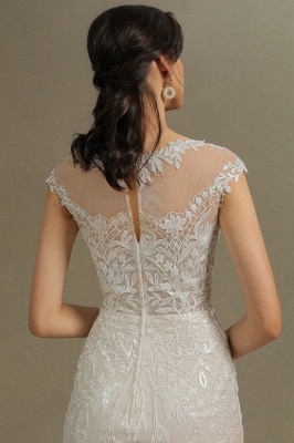 CPH234 Mermaid Lace Cap Sleeve Sheer Tulle Neckline Wedding Dress_8