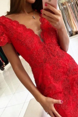 ZY650 Red Evening Dress Long V Neck Lace Prom Dresses_1
