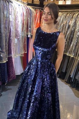 ZY616 Navy Blue Sparkly Sequined A Line Long Prom Dresses_1