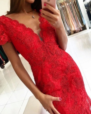 ZY650 Red Evening Dress Long V Neck Lace Prom Dresses_2