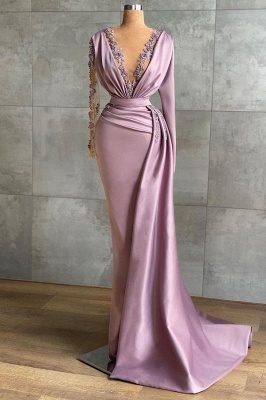 Nectarean Pink V-neck Long Sleeve Sheath Floor-length Prom Dresses_1