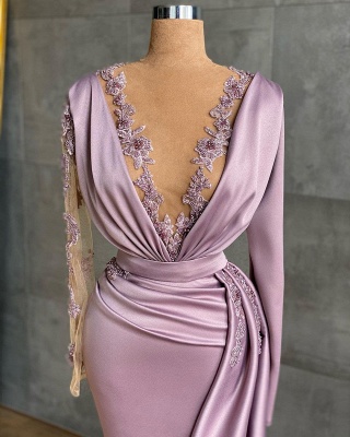 Nectarean Pink V-neck Long Sleeve Sheath Floor-length Prom Dresses_2