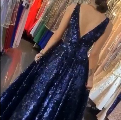 ZY616 Navy Blue Sparkly Sequined A Line Long Prom Dresses_2