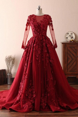 Chape Red Long Sleeve Prom Dresses With Lace_1