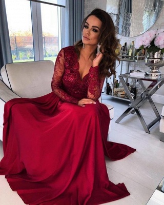Cheap Red V Neck Long Sleeve Prom Dresses With Lace_2