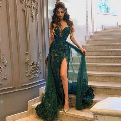 Emerald Green Long Lace Mermaid Prom Dresses Evening Gows_2