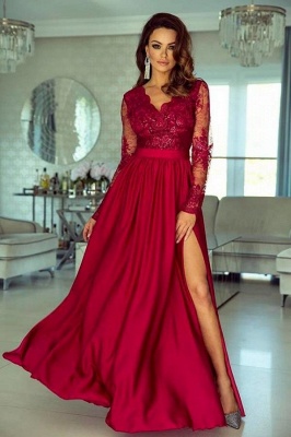 Cheap Red V Neck Long Sleeve Prom Dresses With Lace_1