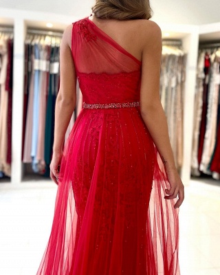 Sexy Red One Shoulder Floor Lehth Long Lace Prom Dress_3