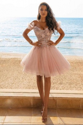 Sexy Pink Off Shoulder Lace Short Cocktail Dress Prom Gown_1