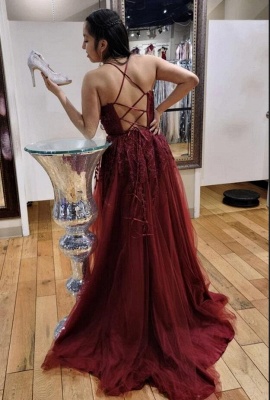 Simple Burgundy Späghetti Straps Long Prom Dress With Lace_2
