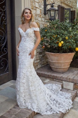 Cheap Off Shoulder Lace Mermaid Wedding Dress Bridal Gowns_1