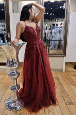 Simple Burgundy Späghetti Straps Long Prom Dress With Lace_1