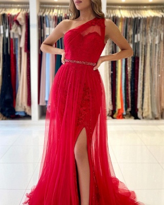 Sexy Red One Shoulder Floor Lehth Long Lace Prom Dress_4