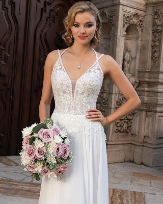 Simple Boho Sheath V neck Chiffon Wedding Dress With Lace_3