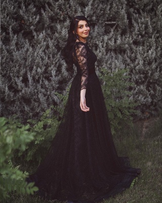 Vintage Black A Line Lace Long Sleeve Wedding Dress_2