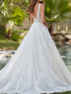 White Wedding Gownses A Line Floor Length Sleeveless Applique V Neck Long Wedding Dresseses_2