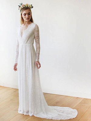 Lace Wedding Gowns With Train A-Line Long Sleeves V-Neck Ivory Bridal Gowns_1
