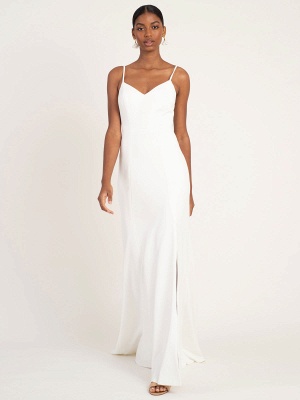 White Cheap Wedding Dress Mermaid V-Neck Sleeveless Spaghetti Straps Natural Waist Satin Fabric Split Front Wedding Gowns_4