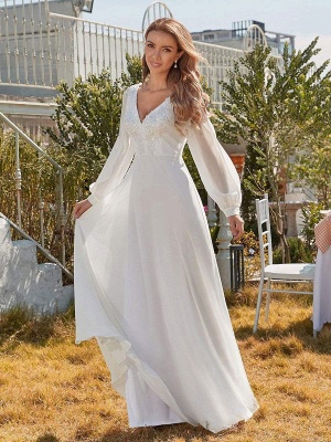 White Cheap Wedding Dress A-Line V-Neck Long Sleeves Natural Waist Chiffon Long Bridal Dresses_3