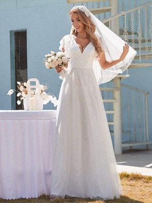 White Vintage Wedding Dress Lace V-Neck Short Sleeves Backless Ruffles A-Line Natural Waist Long Bridal Gowns_3