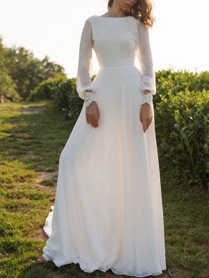 Cheap Wedding Dresses Lycra Spandex Bateau Neck Long Sleeves Lace A Line Bridal Gowns_2