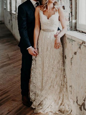 Wedding Dress Court Train A-Line Spaghetti Straps Sleeveless Lace V-Neck Backless Ivory Wedding Gowns_1