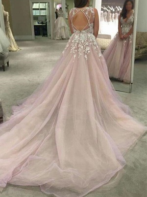 Wedding Gowns 2021 Deep V Neck Sleeveless Lace Flora Floor Length Tulle Bridal Gowns_3
