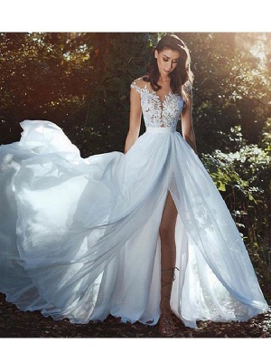 Wedding Dresses With Court Train A-Line Sleeveless Applique Illusion Neckline Bridal Gowns_3