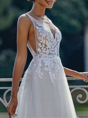 Vintage Wedding Dress 2021 A Line V Neck Straps Sleeveless Lace Appliqued Tulle Bridal Gown_3