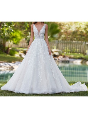White Wedding Gownses A Line Floor Length Sleeveless Applique V Neck Long Wedding Dresseses_3