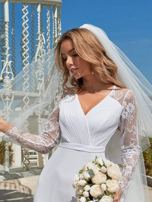 White Simple Wedding Dress Lace V-Neck Long Sleeves Lace Chiffon Pleated A-Line Long Bridal Gowns_3