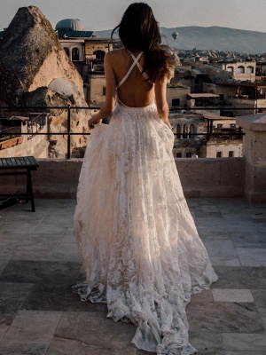 Beach Wedding Dress With Chapel Train White V-Neck Sleeveless Backless Lace Split Long Bridal Gowns_4