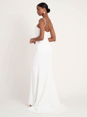 White Cheap Wedding Dress Mermaid V-Neck Sleeveless Spaghetti Straps Natural Waist Satin Fabric Split Front Wedding Gowns_2