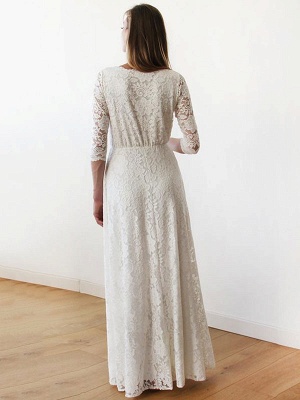 Wedding Gowns Floor-Length A-Line 3/4 Length Sleeves V-Neck Lace Bridal Gowns_2
